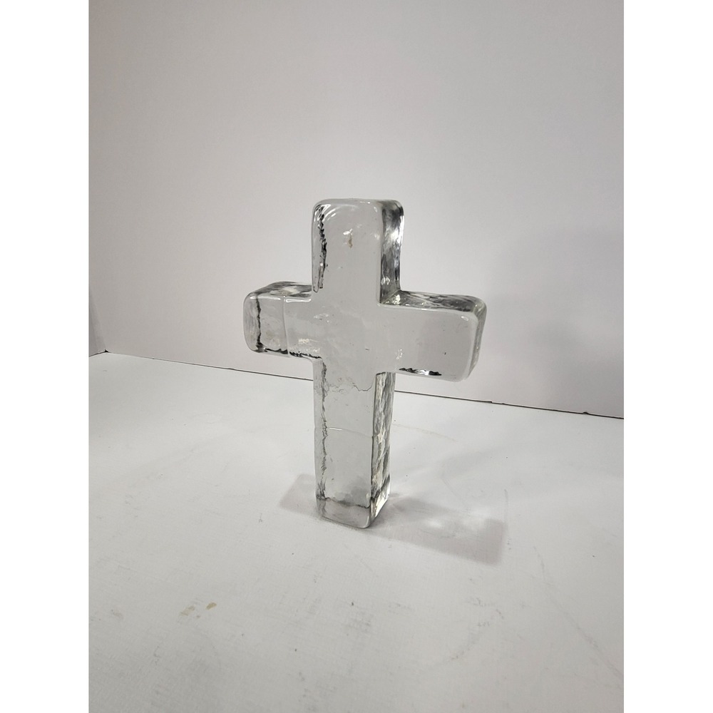 Solid Clear Art Glass Cross Sculpture Textured Ice Finish Religious Decor 5.5"